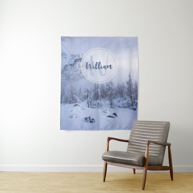 Winter wonderland fog spruce forest snow monogram tapestry (In Situ)