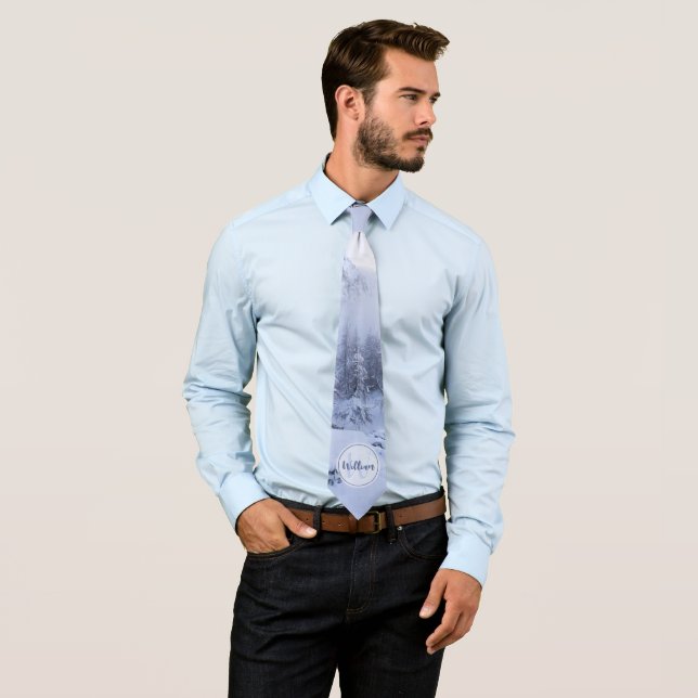 Winter wonderland fog spruce forest snow monogram tie (In Situ)