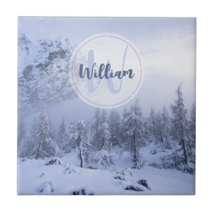 Winter wonderland fog spruce forest snow monogram tile
