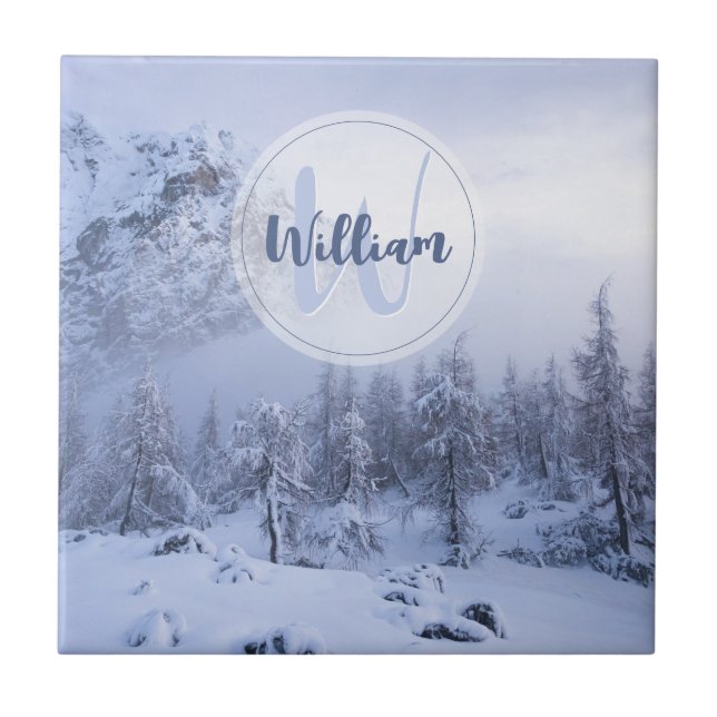 Winter wonderland fog spruce forest snow monogram tile (Front)