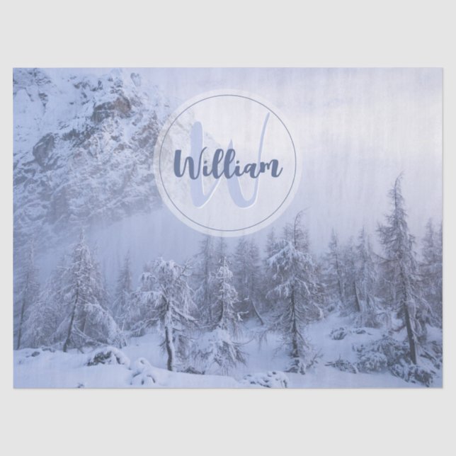 Winter wonderland fog spruce forest snow monogram tissue paper (Front)