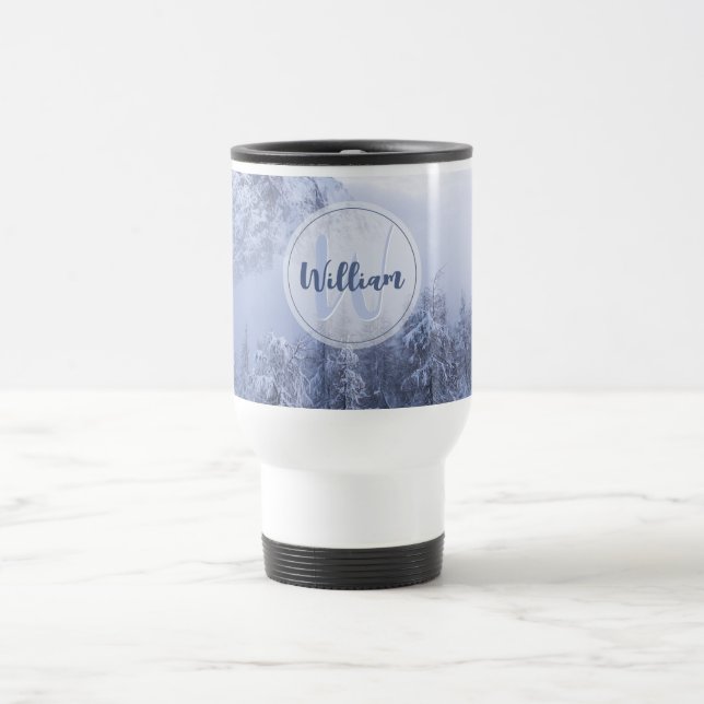 Winter wonderland fog spruce forest snow monogram travel mug (Center)