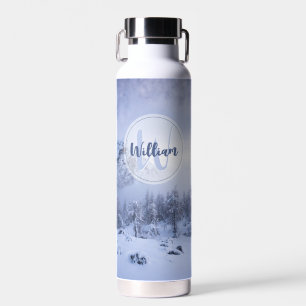 Winter wonderland fog spruce forest snow monogram  water bottle