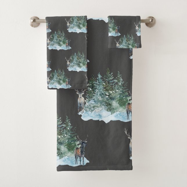 Winter Wonderland Forest Antlers Pine Trees Bath Towel Set (Insitu)