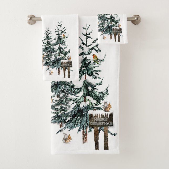 Winter Wonderland Forest Deer Pine Trees Bath Towel Set (Insitu)