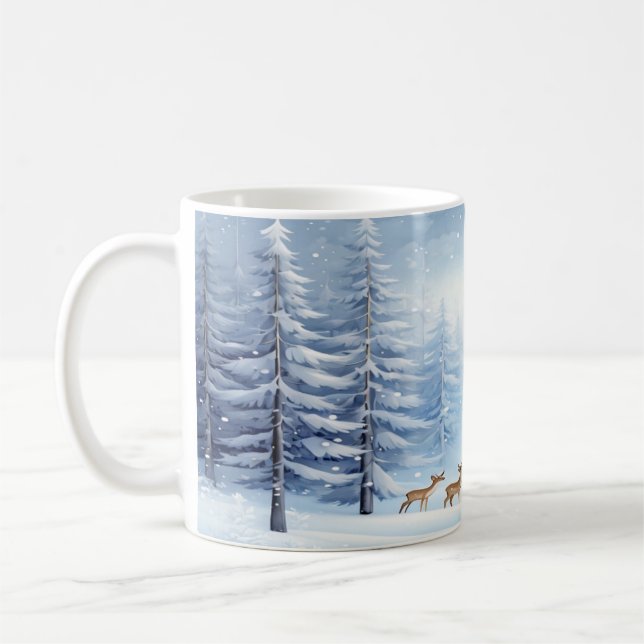 Winter Wonderland Forest Mug with Snow and Deer (Left)