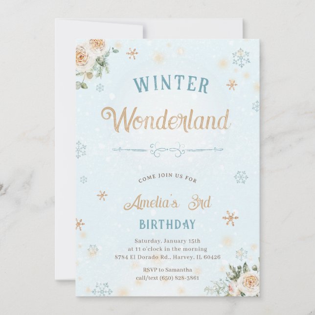 Winter Wonderland Girl Frozen Snow Birthday Party Invitation (Front)
