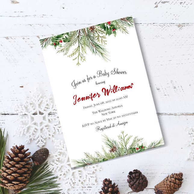 Winter Wonderland Greener Wreath Pine Baby Shower Invitation (Creator Uploaded)