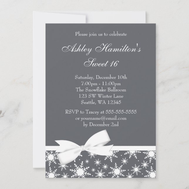 Winter Wonderland Grey Snowflake Bow Sweet 16 Invitation (Front)