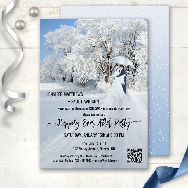 Winter Wonderland Happily Ever After Wedding Invitation (Wedding party invitation featuring a snow covered winter wonderland with a couple under an umbrella)