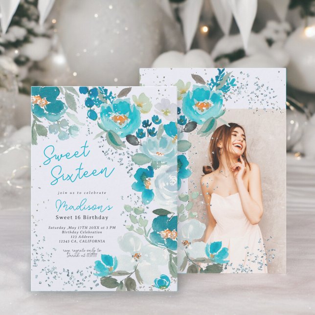 Winter Wonderland Ice blue Floral Sweet Sixteen Invitation (Winter Wonderland Ice blue Floral Sweet Sixteen Invitation)