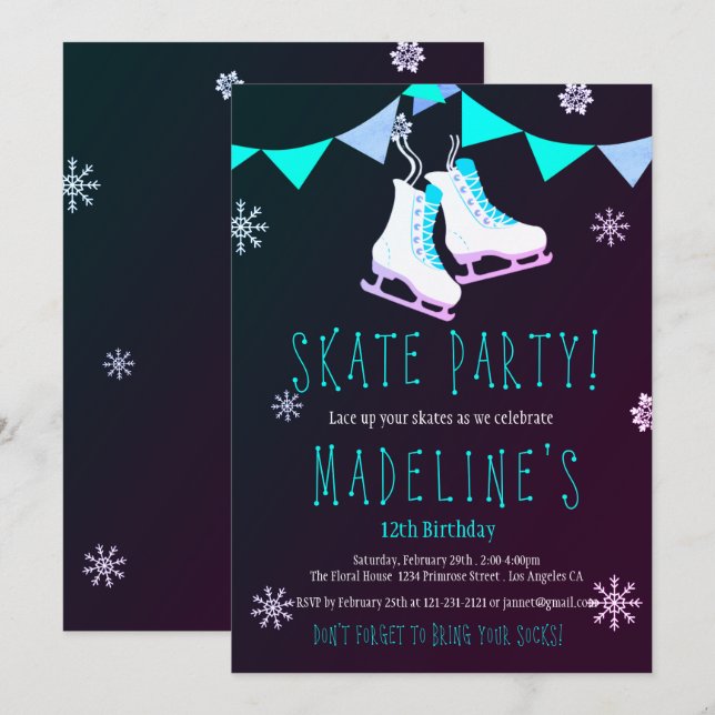Winter Wonderland Ice Skate Girl Chalkboard Party Invitation (Front/Back)