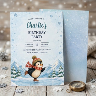 Winter Wonderland Ice Skating Penguin Birthday Invitation