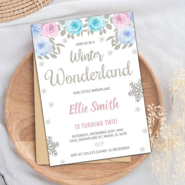 Winter Wonderland Invitation (Pink Purple Floral Winter Wonderland Birthday Invitation)