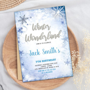 Winter Wonderland Invitations Blue Silver Glitter