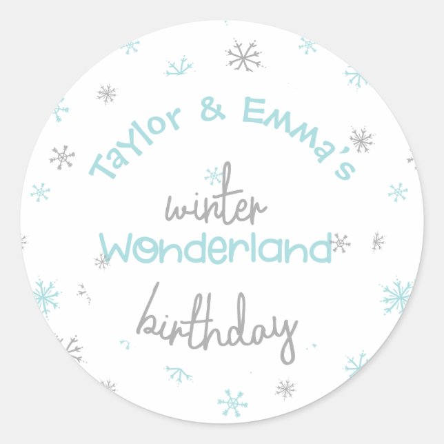 Winter Wonderland Joint Birthday Party, Any Age Classic Round Sticker (Front)