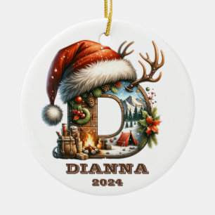 Winter Wonderland Letter D Santa Hat and Campfire Ceramic Tree Decoration