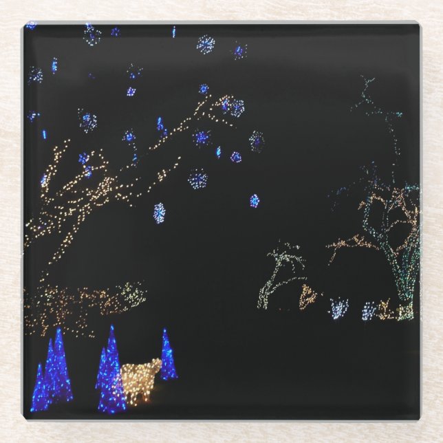Winter Wonderland Lights Blue and White Holiday Glass Coaster (Front)