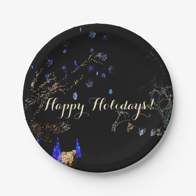 Winter Wonderland Lights Blue and White Holiday Paper Plate (Front)