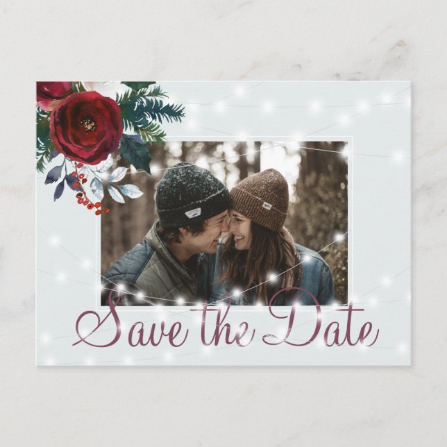 Winter wonderland lights photo save date wedding announcement postcard (Front)