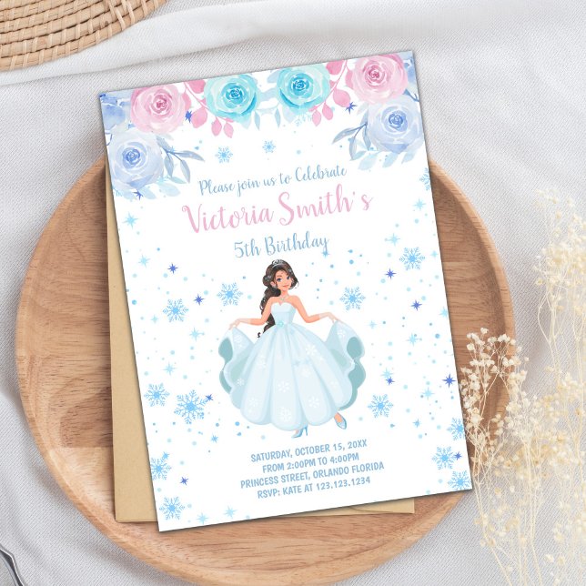 Winter Wonderland Party Card (Pink Floral Snow Falk Princess Birthday Invitation)