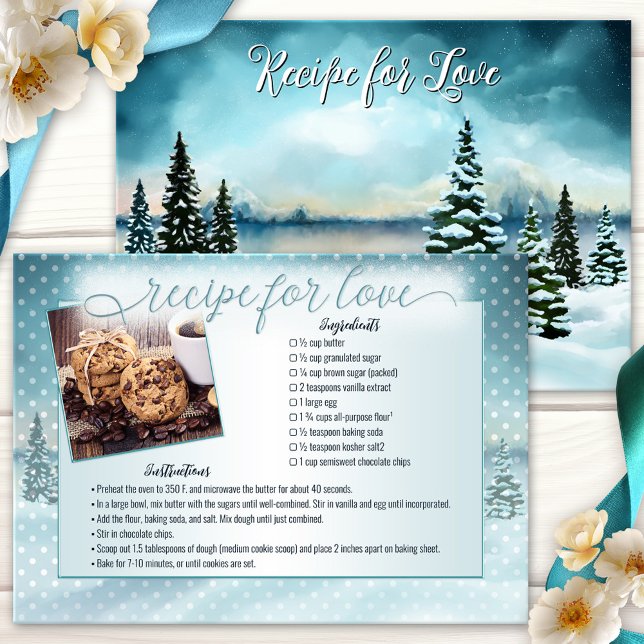 Winter Wonderland Photo Bridal Recipe Card (Bridal photo recipe card featuring a watercolor painting of a winter wonderland landscape)