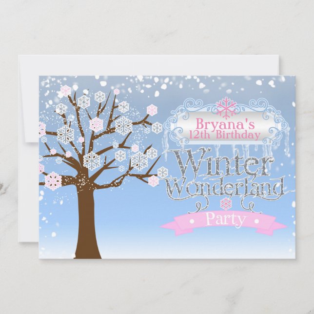 Winter Wonderland Pink Birthday Party Invitation (Front)
