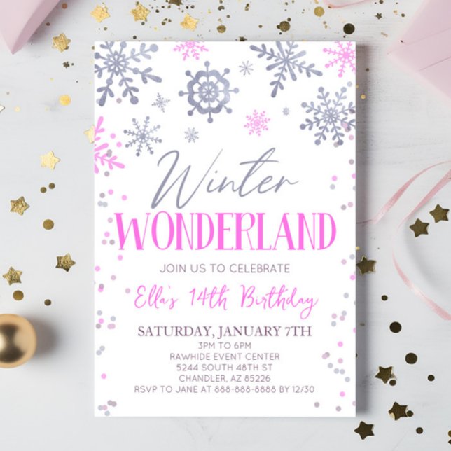 Winter Wonderland Pink Snowflake Birthday Party Invitation (Creator Uploaded)