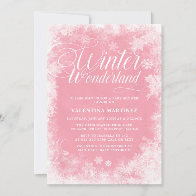 Winter Wonderland Pink Snowflakes Baby Shower Invitation (Front)