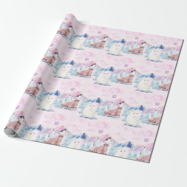 Winter Wonderland Polar Bears and Penguins Scene Wrapping Paper (Unrolled)