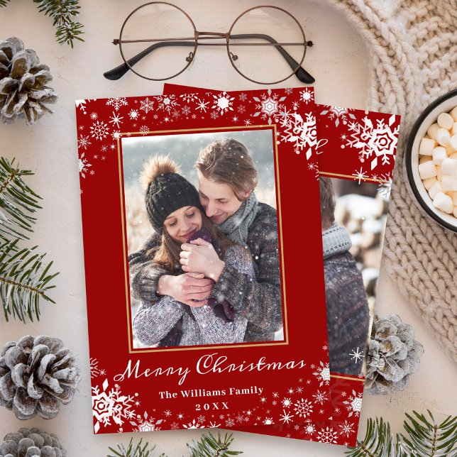 Winter Wonderland Red Gold Merry Christmas 2 Photo Holiday Card (Creator Uploaded)
