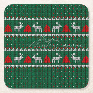 Winter Wonderland,Reindeer Pine Tree Green Square Paper Coaster