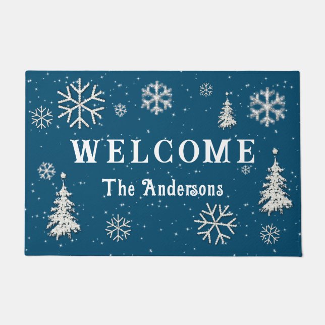 Winter Wonderland Rhinestones Blue Welcome Family Doormat (Front)