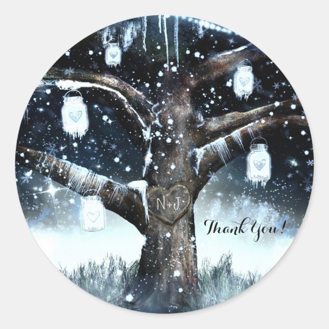 Winter Wonderland Rustic Tree Lights Mason Jars Classic Round Sticker (Front)