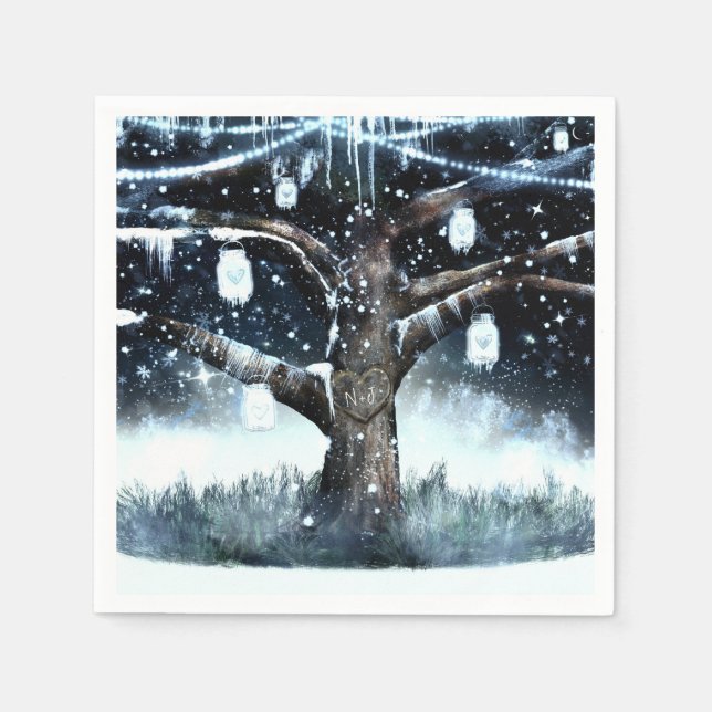 Winter Wonderland Rustic Tree Lights Mason Jars Napkin (Front)