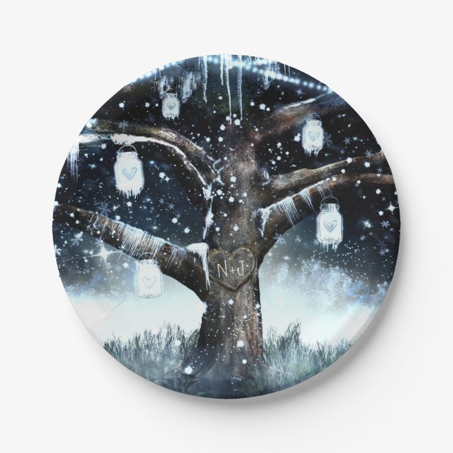 Winter Wonderland Rustic Tree Lights Mason Jars Paper Plate (Front)