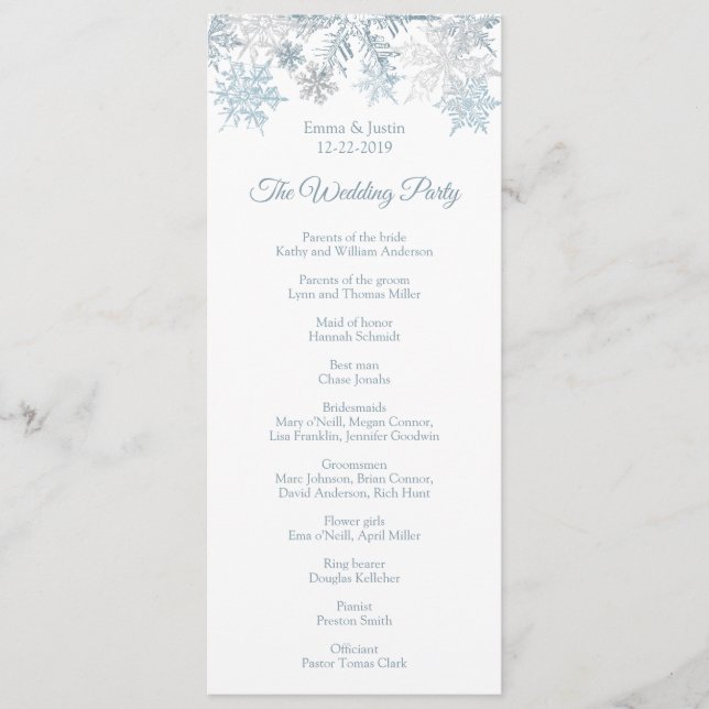 Winter Wonderland Silver Blue Snowflakes Wedding Programme (Front)