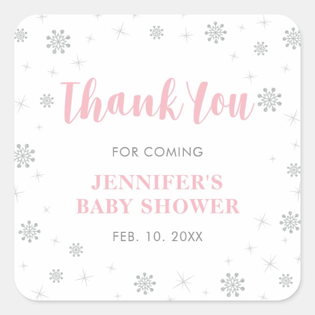 Winter wonderland, Silver & Pink Baby Shower Favou Square Sticker (Front)