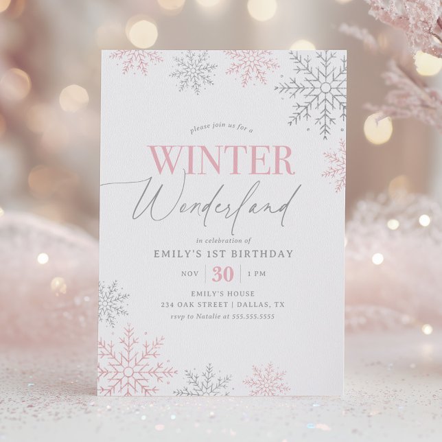 Winter Wonderland Silver Pink Glitter 1st Birthday Invitation (Creator Uploaded)
