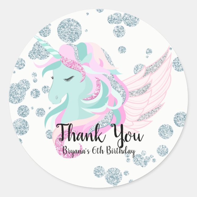 Winter Wonderland Silver Sparkle Unicorn Party Classic Round Sticker (Front)