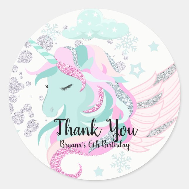 Winter Wonderland Silver Sparkle Unicorn Party Classic Round Sticker (Front)
