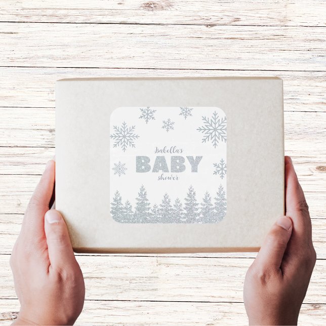 Winter Wonderland Silver Woodland Baby Shower Square Sticker (winter wonderland baby shower favors sticker silver glitter woodland)
