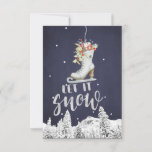 Winter Wonderland Skate | Let It Snow Typography Card<br><div class="desc">Let It Snow silver glitter brushed typography script under a big hanging skate full of Christmas gifts surrounded by falling snow over a dark midnight blue chalkboard background with a mountains scene with pine trees making a rustic modern winter holidays greeting card. Personalise it with your text and signature on...</div>