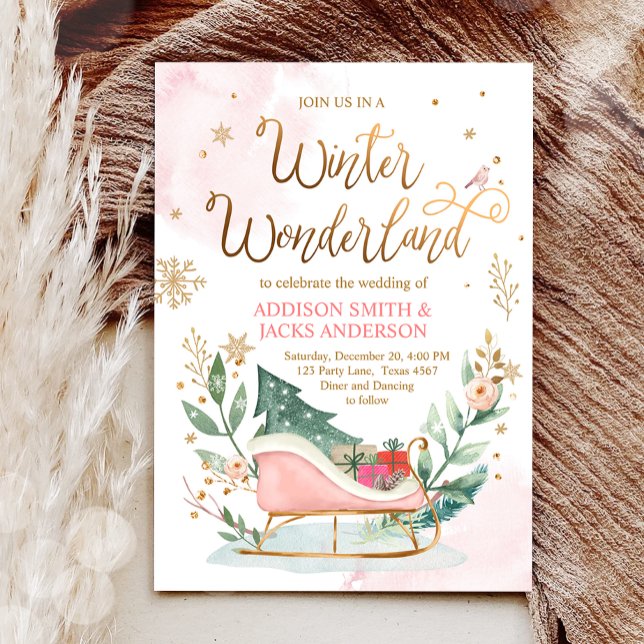 Winter Wonderland Sleigh Pink Gold Rustic Wedding Invitation (Creator Uploaded)
