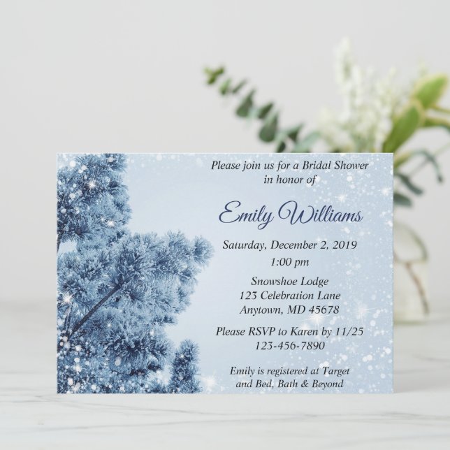 Winter Wonderland Snow and Pine Bridal Shower Invitation (Standing Front)