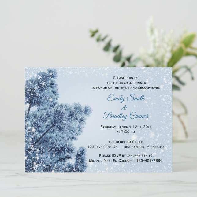 Winter Wonderland Snow and Pine Rehearsal Dinner Invitation (Standing Front)