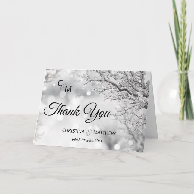 Winter Wonderland Snow Branch Wedding PHOTO Thank You Card (Front)