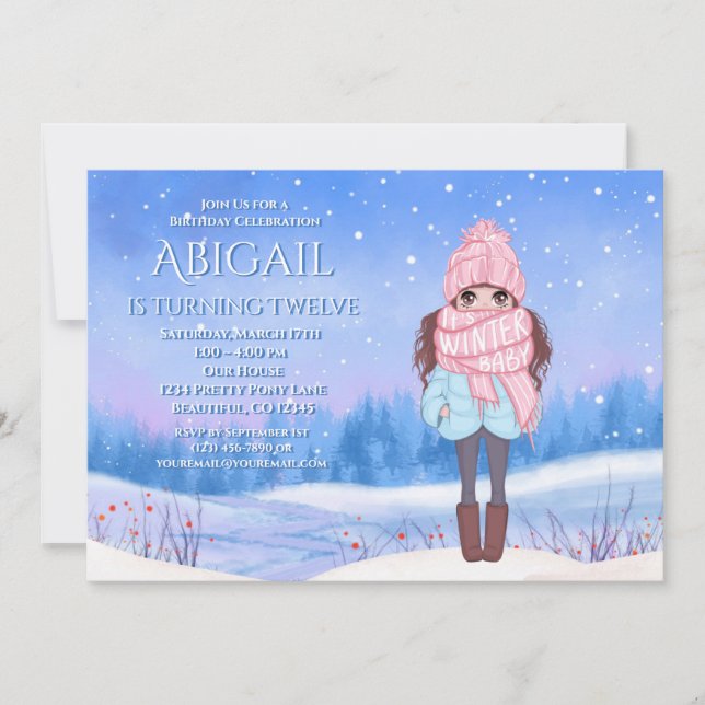 Winter Wonderland Snow Meadow and Girl Birthday Invitation (Front)