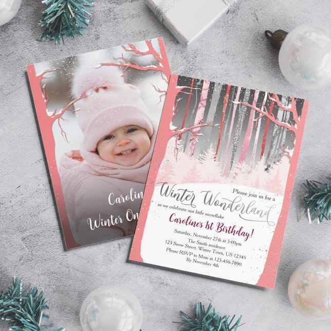 Winter Wonderland Snow Trees Pink Silver Photo  Invitation (Creator Uploaded)