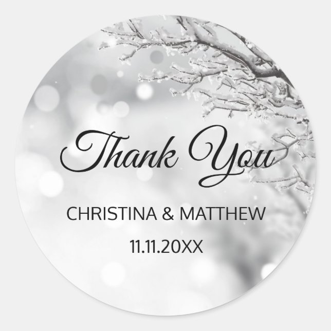 Winter Wonderland Snow Wedding THANK YOU Classic Round Sticker (Front)